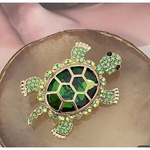 Turtle Brooch Pin Green Rhinestone‎ Gold Tone Cute Animal Jewelry